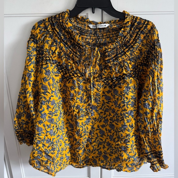 ZARA Floral Print Smocked Tie Neck Blouse Mustard/Blue Sz XLarge Boho Cotton - Picture 6 of 16